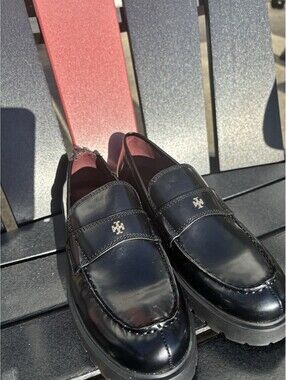 Tory Burch Black Platform Loafers Womens Size 7M Lug Sole Shoes NEW Dog Damage